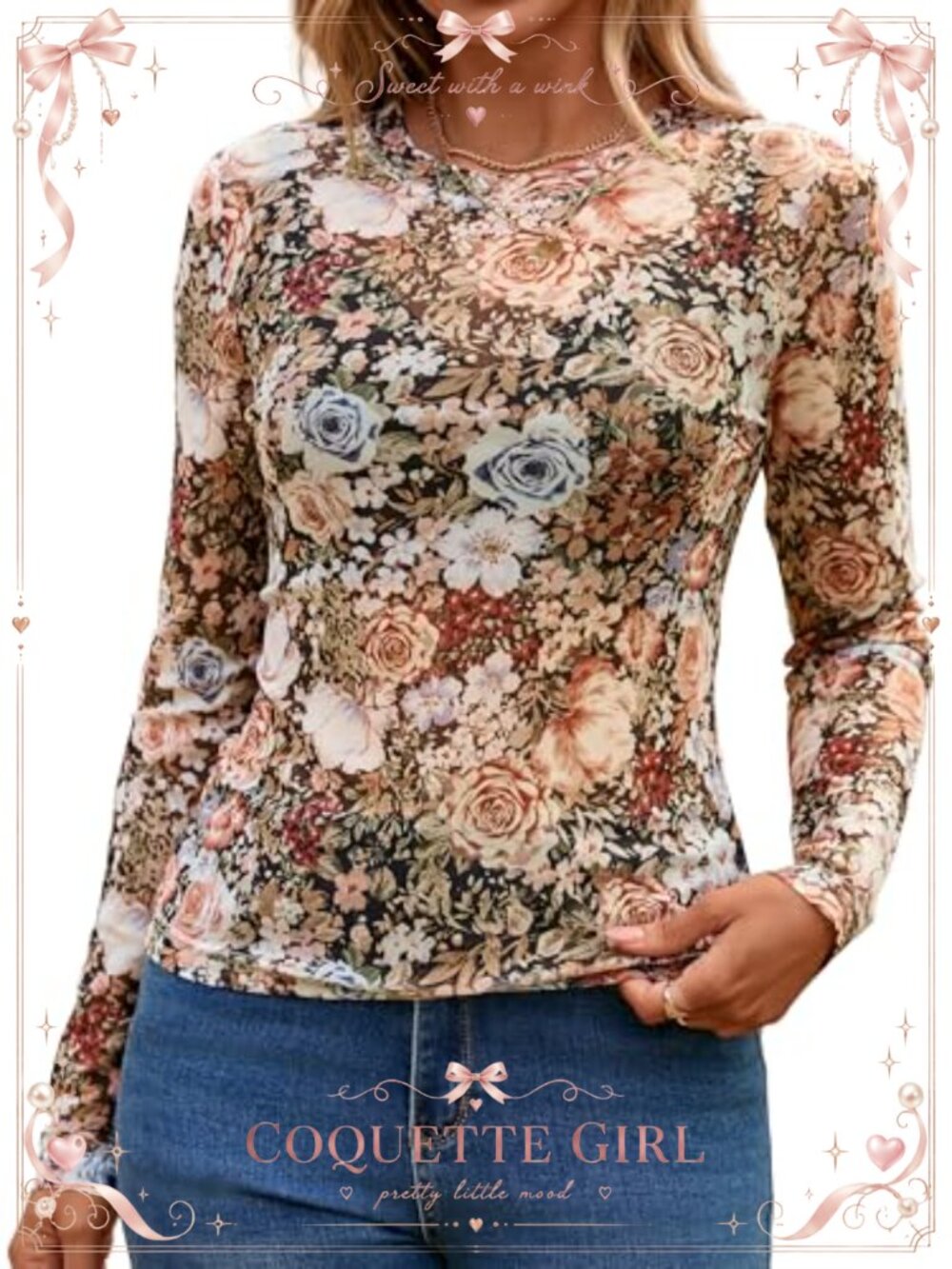 Glamaker Women's Mesh Lace Long Sleeve Sheer Floral Blouse